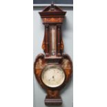 LATE VICTORIAN INLAID ROSEWOOD STYLISED WHEEL TYPE ANEROID BAROMETER,