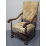 17TH CENTURY STYLE CARVED OAK SHOWFRAME ELBOW CHAIR, the scroll,