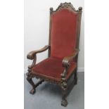LARGE VICTORIAN DESIGN, SHOW FRAME, MAHOGANY THRONE TYPE CHAIR with tall padded back,