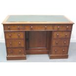 VICTORIAN MAHOGANY KNEEHOLE DESK having leather inset top, three drawers below,