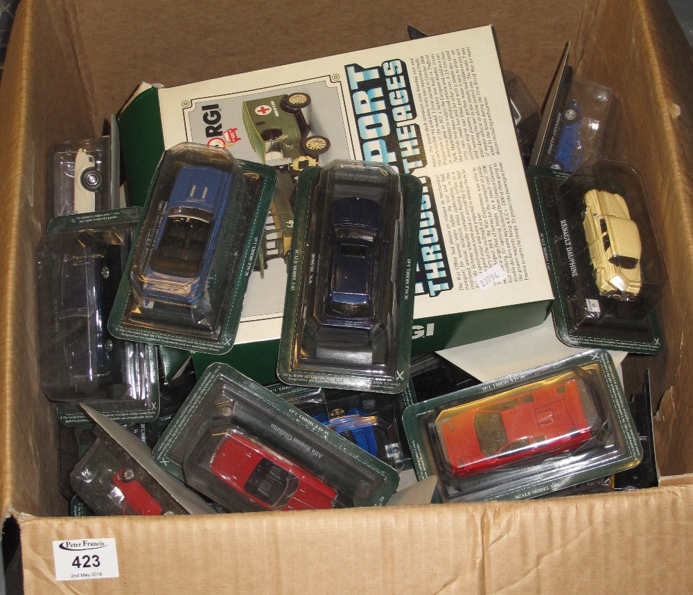 Large box of assorted diecast model vehicles in original packaging to include: Corgi transport