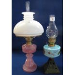 Mary Gregory type combed glass lamp base with brass burner, white shade and clear chimney,