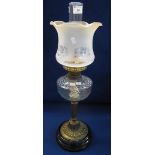 Early 20th Century brass double burner oil lamp with moulded glass shade on brass pedestal with