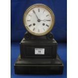 19th Century black slate two train drum head mantle clock with white enamel Roman face,