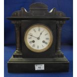 19th Century black slate architectural two train mantle clock with Roman white enamel face and