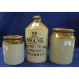 Three stoneware jars to include a flagon marked "Drink Swank manufactured my Emanual Thomas Nagara