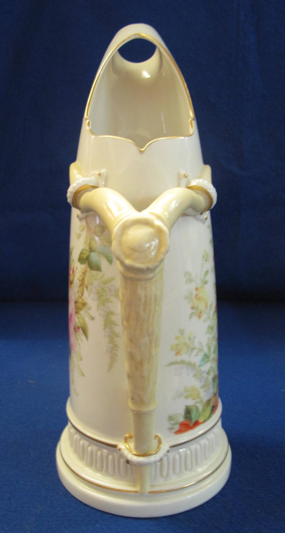 Large Royal Worcester porcelain horn shaped jug painted with flowers and foliage on an ivory ground, - Image 2 of 2