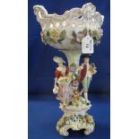 German Sitzendorf china figure mounted flower encrusted table centre vase.