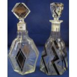 Pair of Art Deco design glass decanters with faceted bodies and engraved geometric coloured