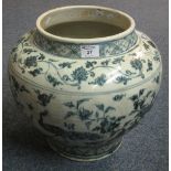 Large Chinese porcelain blue and white baluster jar in Yuan style overall decorated with bands,