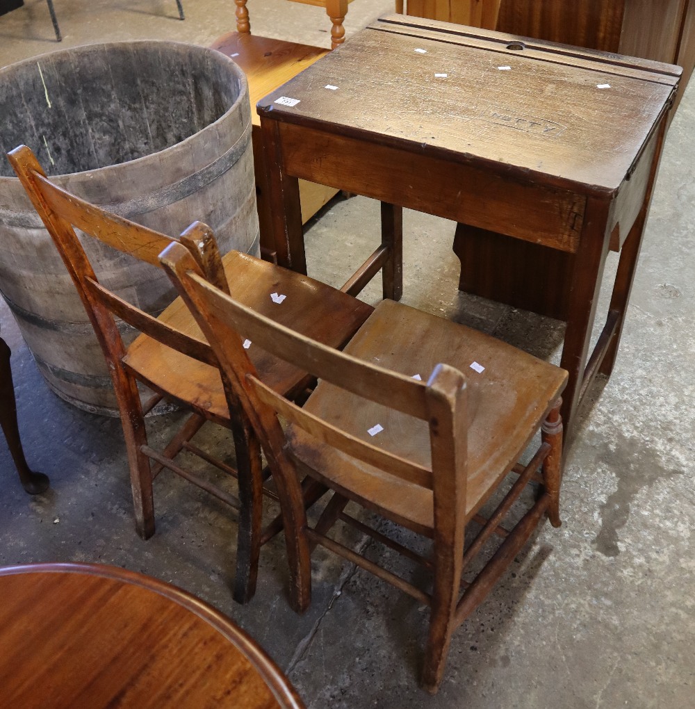 Vintage child's school single desk, together with a pair of elm bar back children's school chairs.