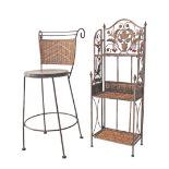 A fer forge and cane side chair together with a metal and cane etagere with floral decoration