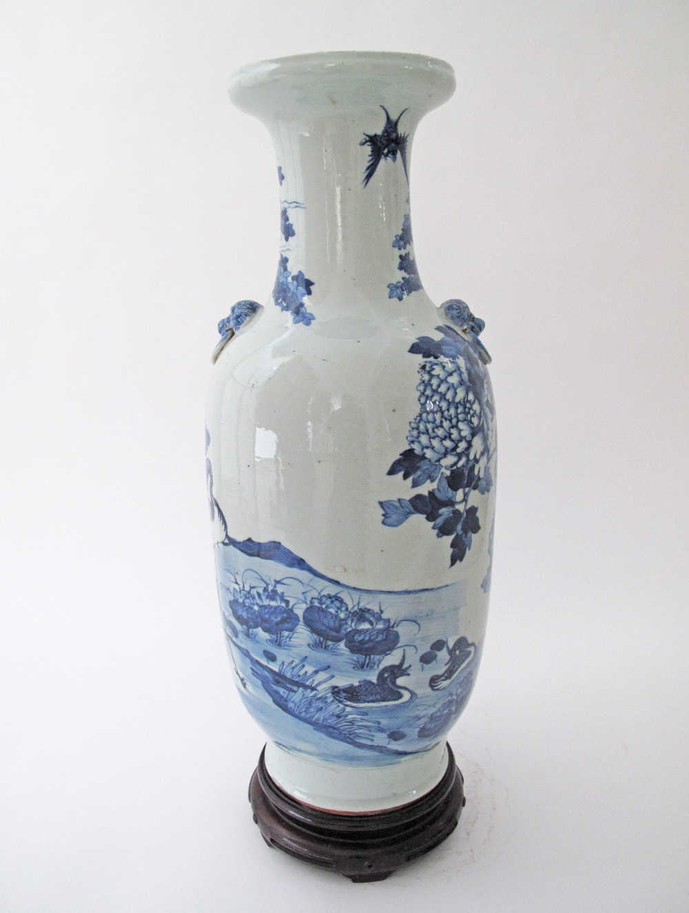 A Chinese celadon ground blue and white porcelain vase with cranes and ducks, The vase H61cm on - Image 3 of 11