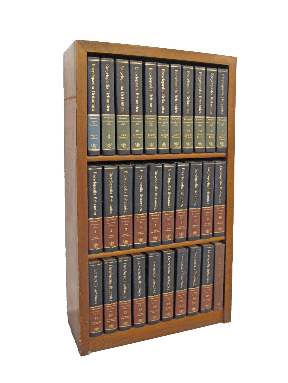 A three shelf bookcase containing 31 volumes of Encyclopaedia Britannica, 15th Edition, leather