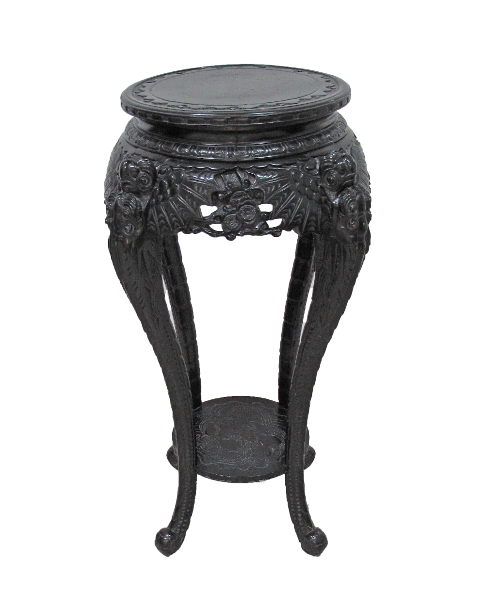 A Chinese carved hardwood and black lacquer stand. Mid 20th century. W50cm, H92cm