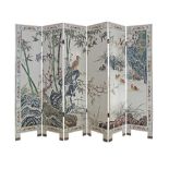 A Chinese six fold screen, white lacquer ground with carved decorations on both sides with flowers