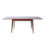 A Kitchen table, retro 50s - 60s formica top with red plastic rim, extendable top on beechwood