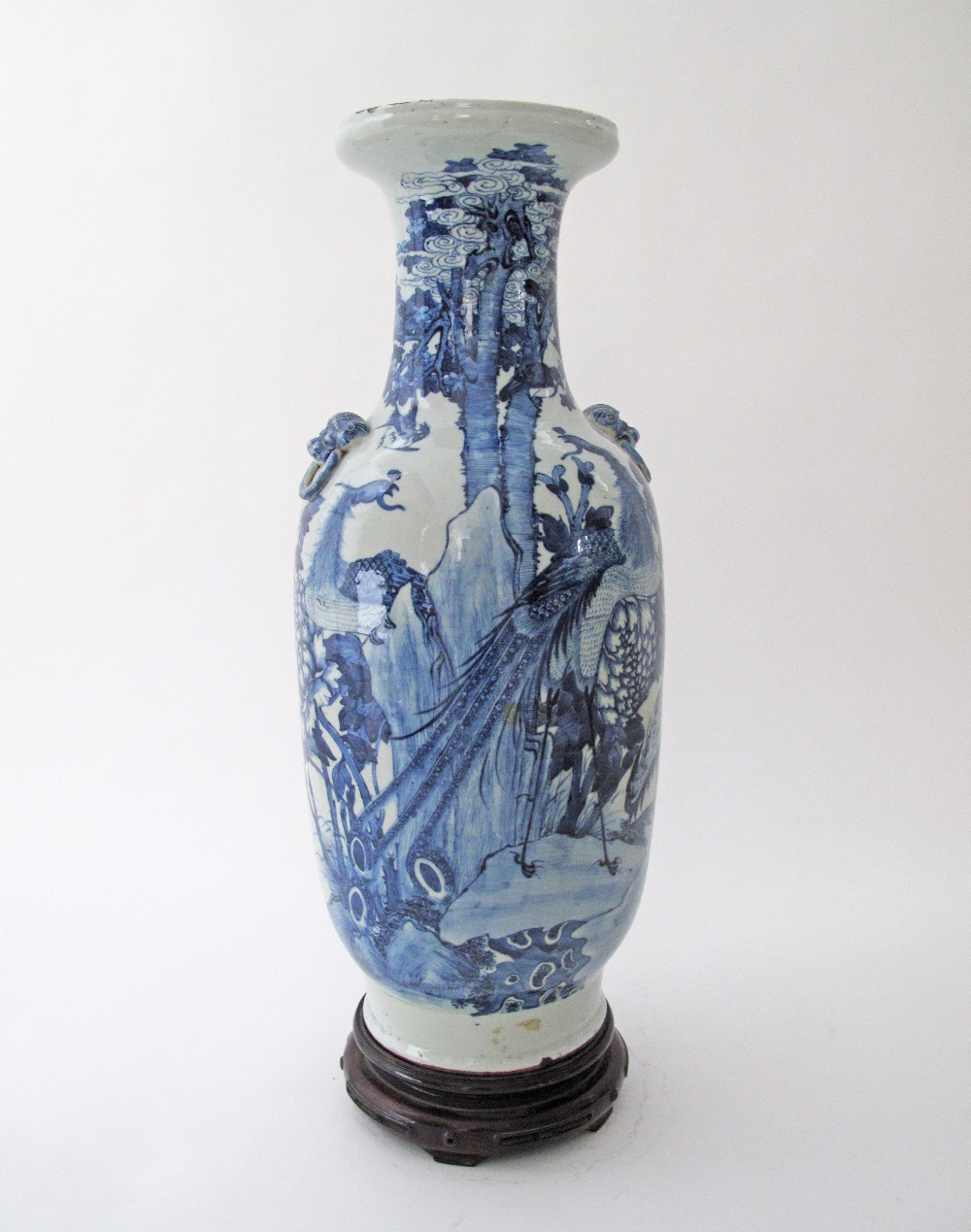 A Chinese celadon ground blue and white porcelain vase with cranes and ducks, The vase H61cm on