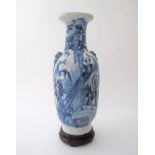 A Chinese celadon ground blue and white porcelain vase with cranes and ducks, The vase H61cm on