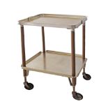 A vintage gold coloured aluminium and wood two tier drinks / tea trolley by Foltroy Quickfor Ltd,