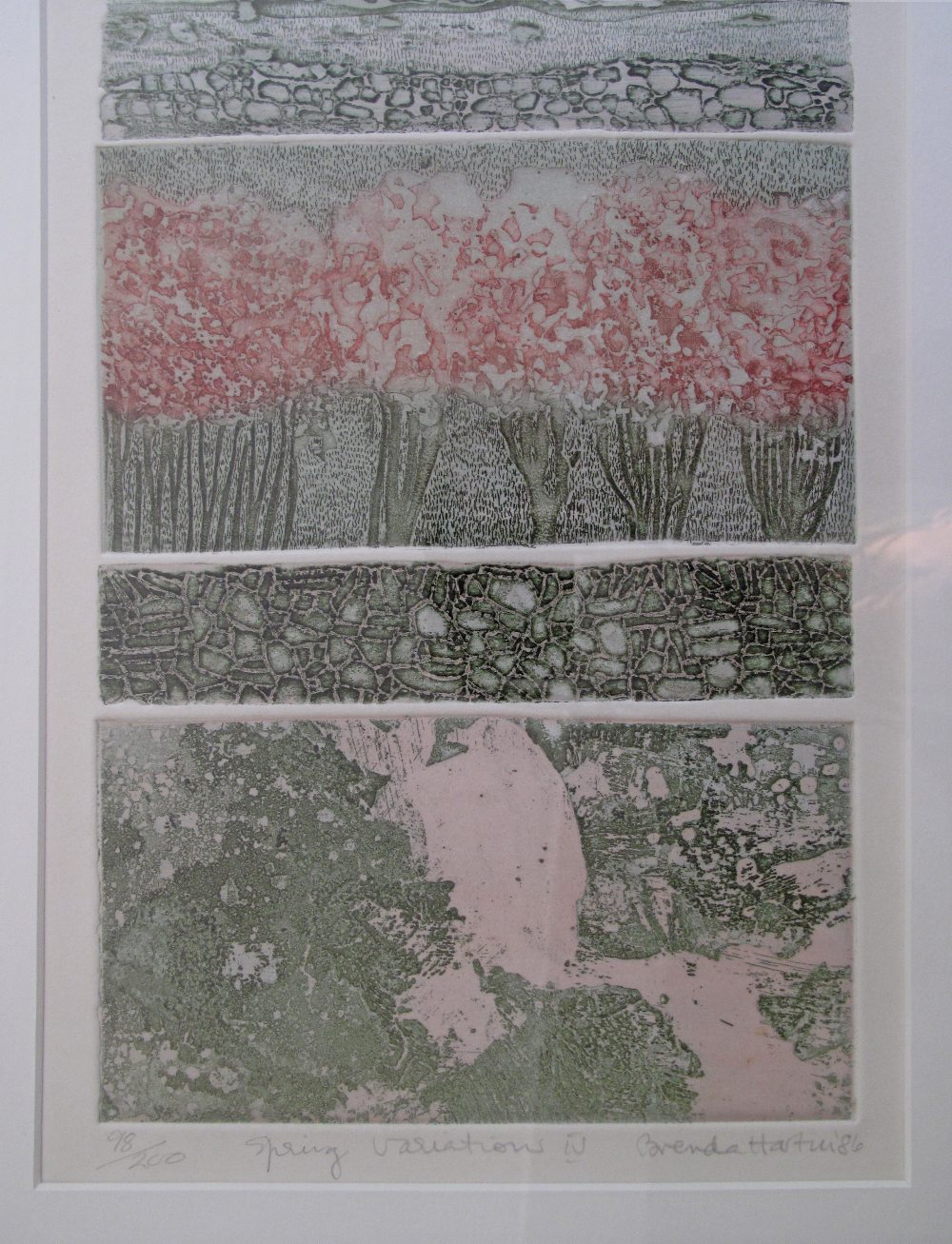 Brenda Hartill (British), Spring variations, etching in colours, signed and numbered 98/200, 1986 - Image 2 of 2