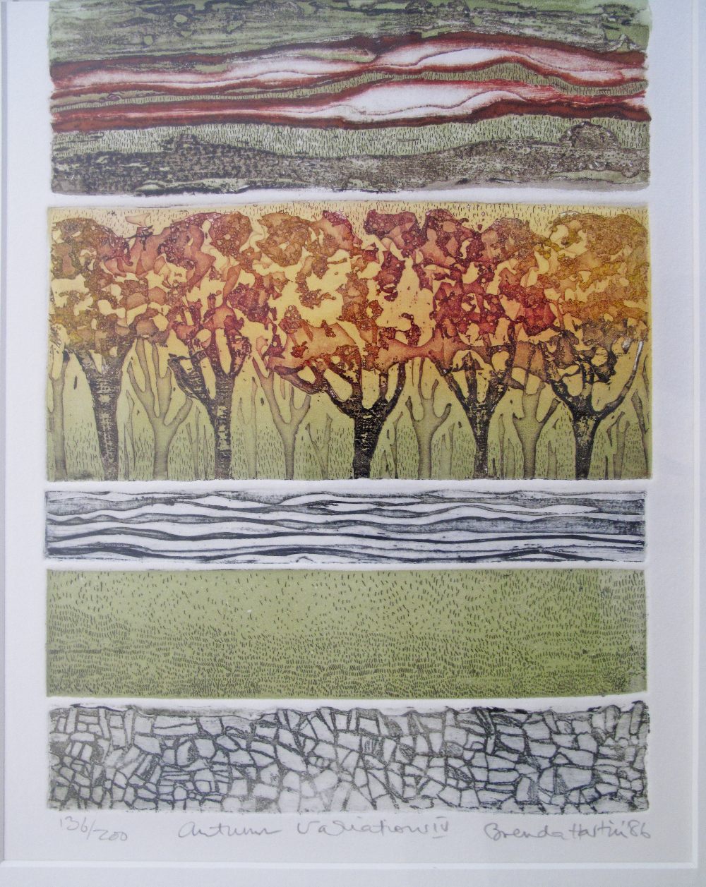 Brenda Hartill (British), Autumn variations, etching in colour, signed and numbered 136/200, 1986. - Image 2 of 2