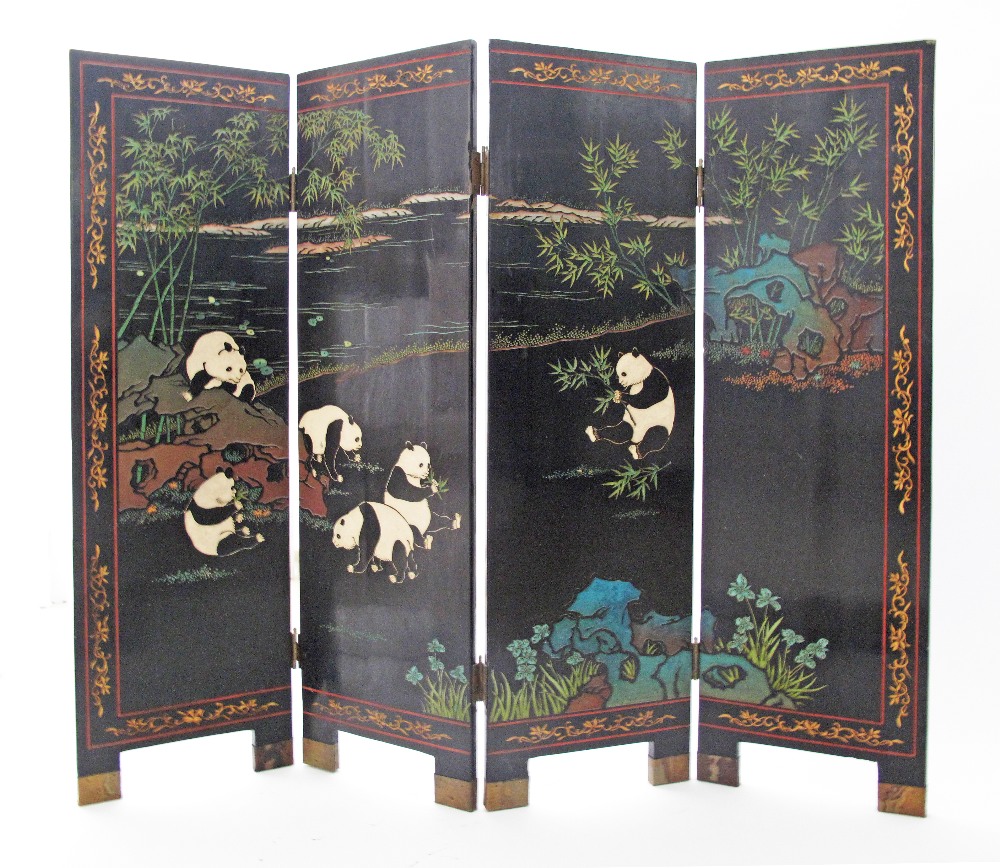 A Chinese four fold screen, black lacquer ground, carved decorations on both sides, flowers and - Image 2 of 3