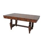 An Art Deco revival walnut extendable dining table. H78cm, L160cm, D105cm. Extended L260cm.