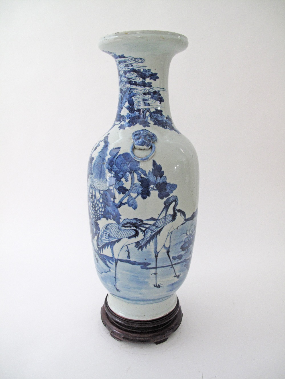 A Chinese celadon ground blue and white porcelain vase with cranes and ducks, The vase H61cm on - Image 2 of 11