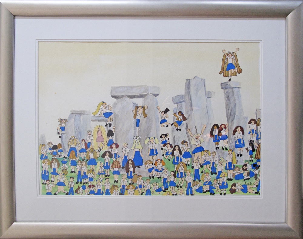 Zoe Kakolyris (Britain 1979?), Children at Stonehenge acrylic on paper, 38X53cm