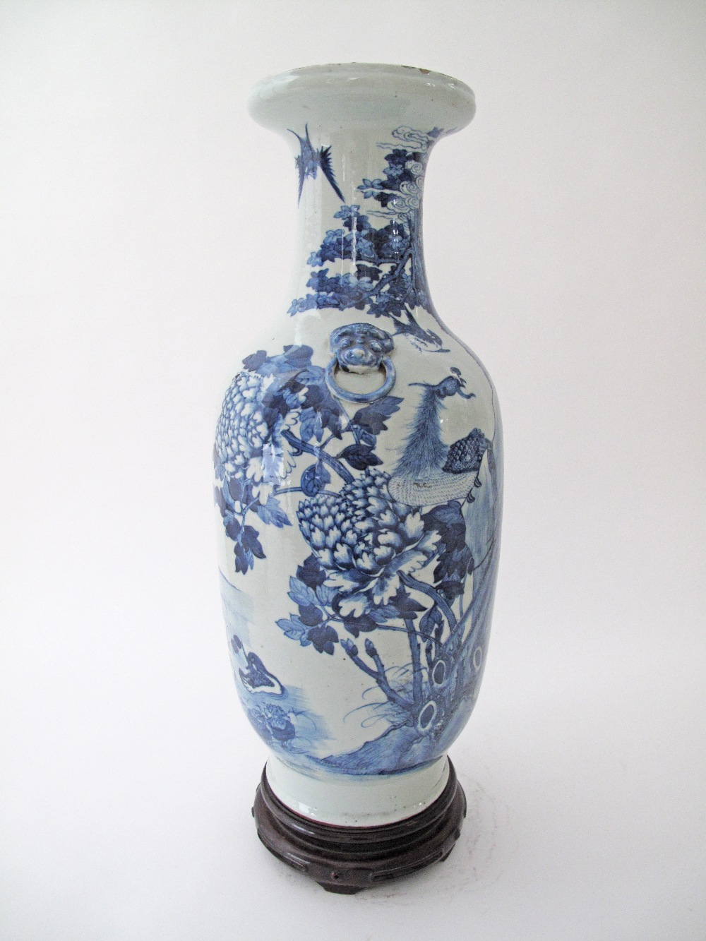 A Chinese celadon ground blue and white porcelain vase with cranes and ducks, The vase H61cm on - Image 4 of 11