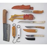 A collection of knives and spring scales, the longest knife L28cm. (11)