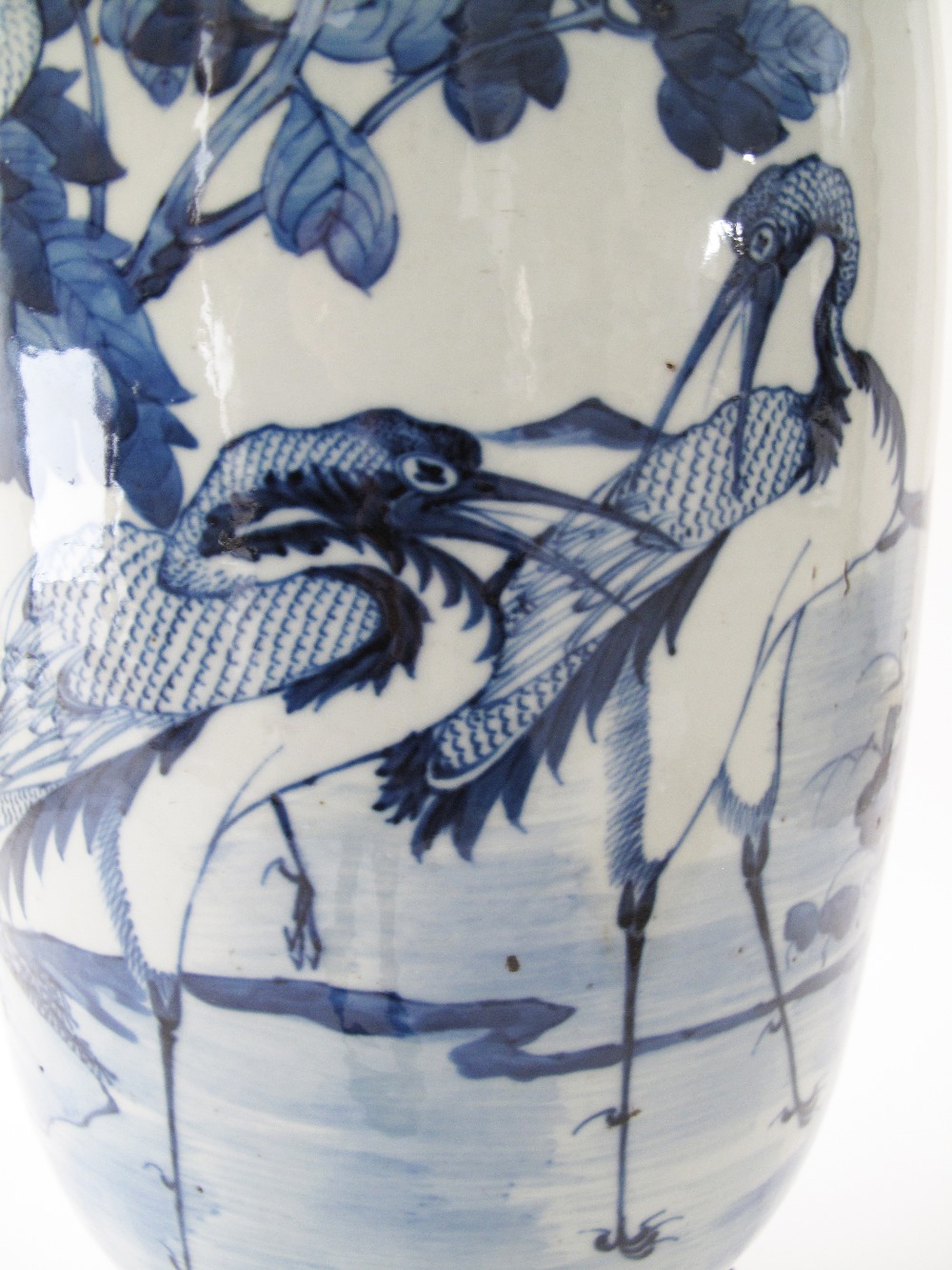 A Chinese celadon ground blue and white porcelain vase with cranes and ducks, The vase H61cm on - Image 8 of 11