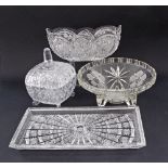 A collection of crystal items comprising a Bohemian crystal cake tray L33cm, a crystal lidded box, a