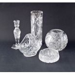 A collection of crystal items comprising two crystal vases, the tallest H24cm, a crystal