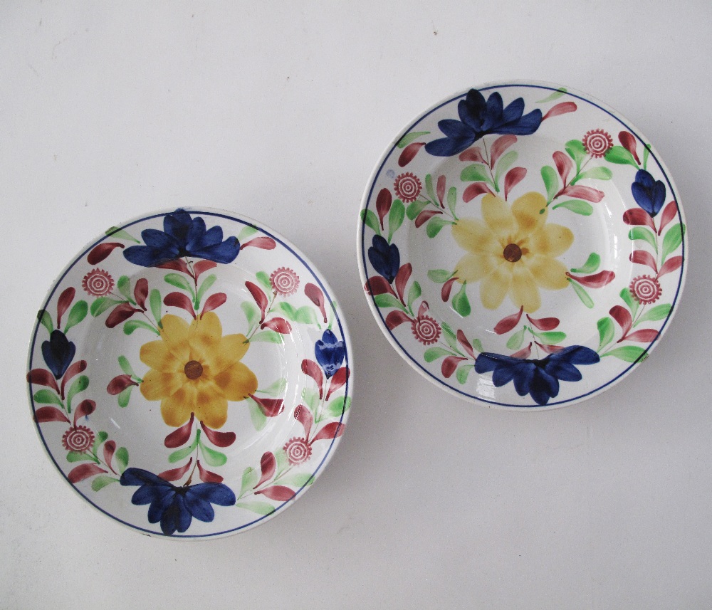 A pair of ceramic plates, D23cm, Folk Art hand painted flower decoration and blue line to the rim.