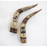 An African pair of water Buffalo horns carved with bands and decorated with black ink. H60cm