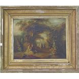 French School 18th century garden landscape with figures. Oil on canvas 31X49cm, framed 60X70cm.