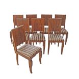 A set of eight Art Deco revival walnut dining chairs with striped upholstery. H92cm, W44cm,