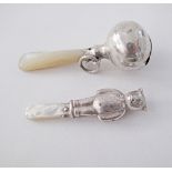 Two sterling silver and mother of pearl rattles, L90mm and L75mm, gross weight 46g. (2)