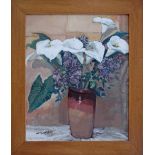 Nicos Frantzolas (Greece 1962-) White Lilies and Purple Lilacs in a vase. Oil on canvas, signed.
