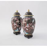 A pair of Chinese cloisonne jars with covers, decorated with birds on branches on black ground. On