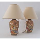 A pair of Japanese Satsuma vases converted to table lamps with beige shades (2)