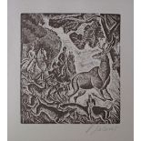 Demetrios Galanis (Greek 1879-1966 ) The Hunt, Woodcut, 119X106mm signed in pencil, c1910.
