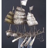 Chinese Silver Sailing Boat / war Junk boat, depicting a naval vessel with 3 masts, canons and 4