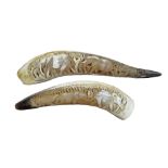 An African pair of carved water buffalo horns depicting elephants L50cm & L30cm (2)