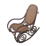 A bentwood rocking chair painted in dark brown, with caned seat and back. H103cm, W52cm.