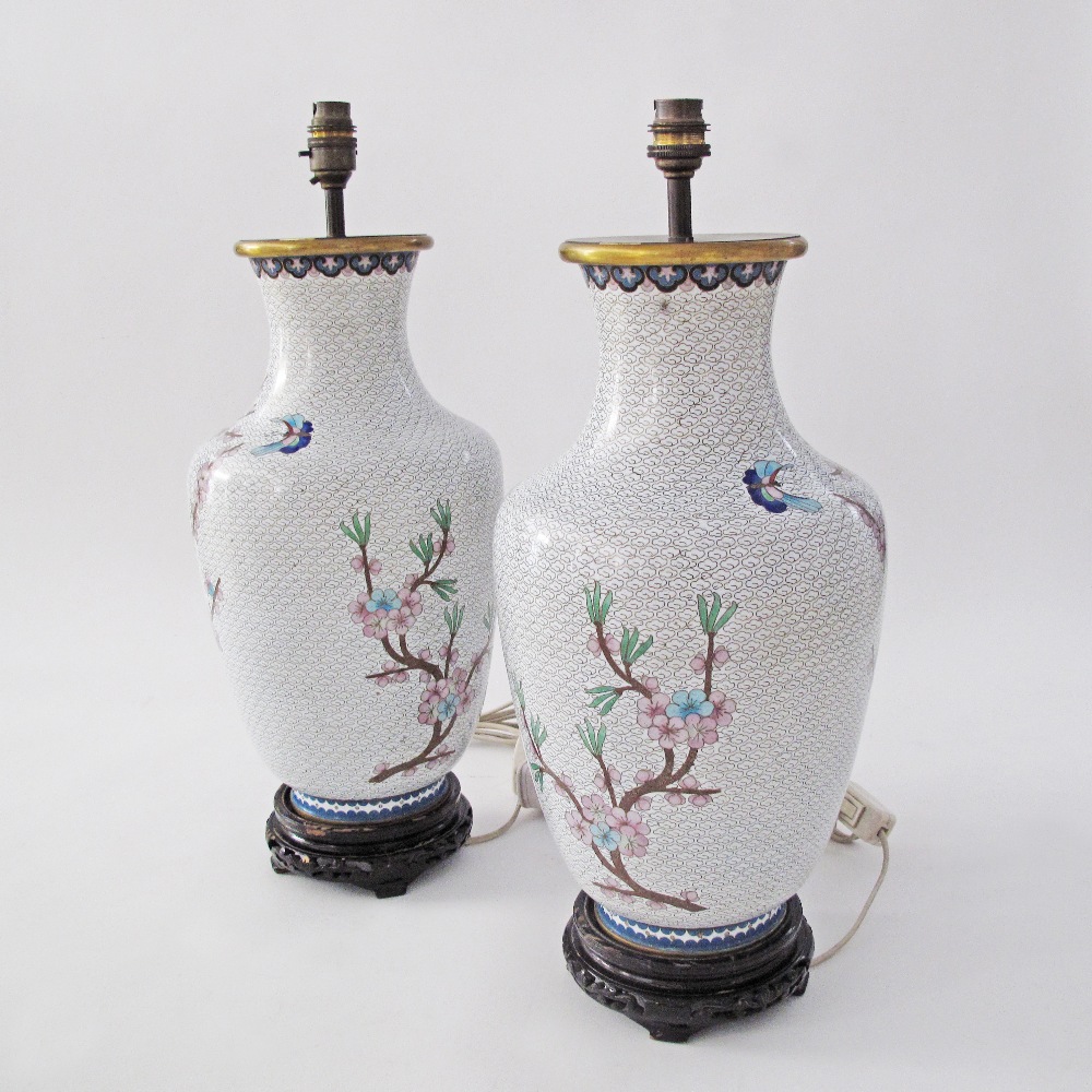 A pair of Chinese cloisonne vases converted to table lamps, decorated with butterflies and flowers - Image 2 of 4