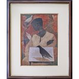 Christos Christou (Cypriot 1950) Figure with birds, Oil on paper, 44.5X31cm, signed lower right