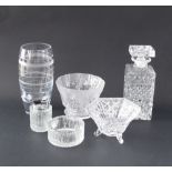 A collection of crystal items comprising a crystal decanter with stopper H22cm, two bowls, a vase,